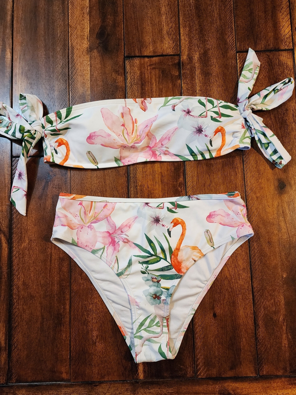 SHEIN White Floral & Pink Flamingo Two-Piece Bikini